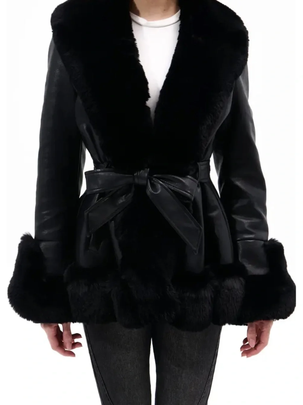 Black Faux-Fur Trim Leather-Effect Belted Jacket - Picture 2 of 4
